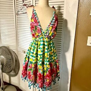 Vibrant Floral & Lemon Print Sundress with Pom Trim